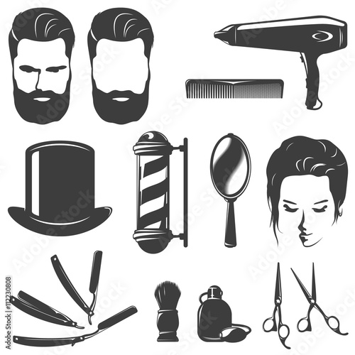 Leinwand Poster Barber Black White Vintage Icons Set
