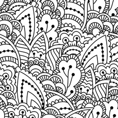  Seamless black and white background. Floral, ethnic, hand drawn elements for design. Good for coloring book for adults or design of wrapping and textile.