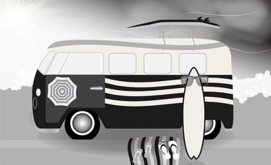 Cartoon van with surfboards standing in the road by the sea. Vec