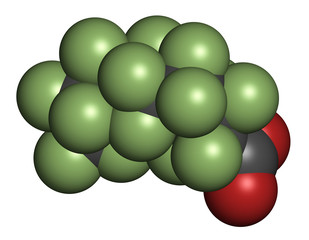 Wall Mural - Perfluorononanoic acid (PFNA, perfluorononanoate) surfactant molecule. 