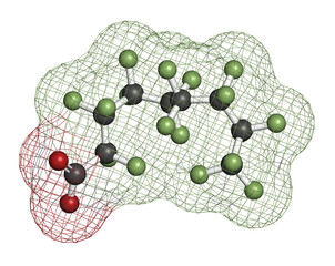 Wall Mural - Perfluorononanoic acid (PFNA, perfluorononanoate) surfactant molecule. 