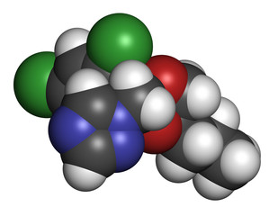 Poster - Propiconazole antifungal molecule (triazole class). 3D rendering.