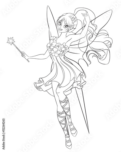 Beautiful Flying Fairy With Magic Wand Line Art Coloring Page Vector Illustration Stock Vector Adobe Stock