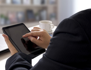 man touch tablet