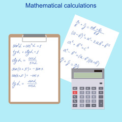 The mathematical formulas. Calculator, tablet and white paper