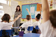 © Monkey Business - Kids raising hands in a primary school class, low angle view