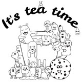 Fototapeta  - Coloring pages for adults coloring book. Black and white Hand drawn tes lettering it's tea time. monster background.