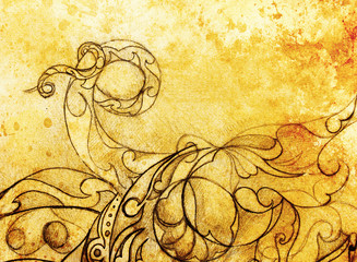 Poster - Ornamental Drawing. Original hand draw and computer collage. Color structure.