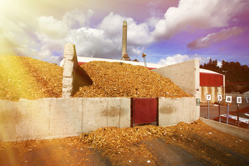 Wall Mural - bio power plant with storage of wooden fuel against blue sky