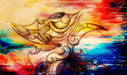 Fototapete - Ornamental Drawing. Original hand draw and computer collage. Color structure.