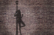 ombra di una prostituta appoggiata al lampione sul muro di mattoni 
