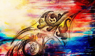 Fototapete - Ornamental Drawing. Original hand draw and computer collage. Color structure.