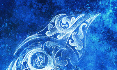 Fototapete - ornamental filigran drawing with frozen winter time feelingt, spiral and abstract linear structure pattern Color effect and Computer collage.
