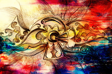 Fototapete - Color drawing of ornamental flower structure. Original hand drawn and computer collage. Color structure.