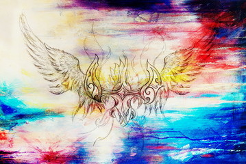 Leinwandbilder - drawing of ornamental phoenix on old paper background computer collage. and color structure.