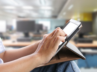 man touch tablet