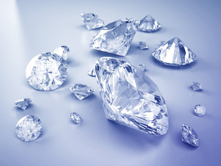 Group of diamonds in blue tone background ,3d.