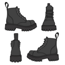 Vector Set Of Drawings With Black Boots. Isolated Objects On A White Background. 