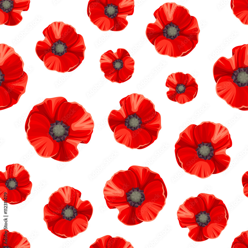 Vector seamless pattern with red poppies on a white background. - obrazy, fototapety, plakaty 