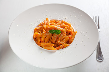 Canvas Print - Penne with cream and peppers served in a large plate