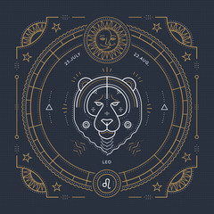 Wall Mural - vintage thin line leo zodiac sign label. retro vector astrological symbol, mystic, sacred geometry e