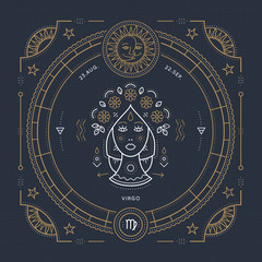 vintage thin line virgo zodiac sign label. retro vector astrological symbol, mystic, sacred geometry
