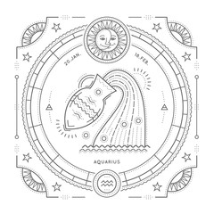 Wall Mural - vintage thin line aquarius zodiac sign label. retro vector astrological symbol, mystic, sacred geome
