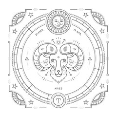Wall Mural - vintage thin line aries zodiac sign label. retro vector astrological symbol, mystic, sacred geometry