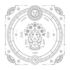 Wall Mural - vintage thin line virgo zodiac sign label. retro vector astrological symbol, mystic, sacred geometry