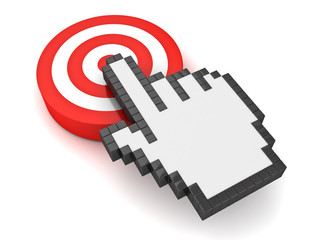 Leinwandbilder - Hand cursor mouse computer clicking in the center of the red dart board or target concept isolated over white background with shadow. 3D rendering.