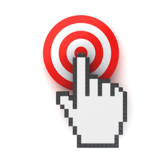 Leinwandbilder - Hand cursor mouse computer clicking in the center of the red dart board or target concept isolated over white background with shadow. 3D rendering.
