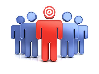 Poster - Leadership or red target man standing out from the crowd concept isolated over white background with shadow and reflection. 3D rendering.