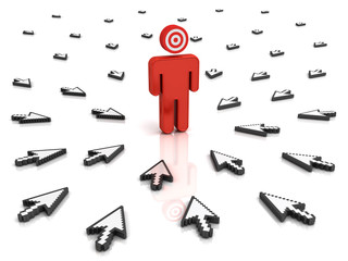 Fototapete - Target man with many arrow cursors aiming at him isolated over white background with reflection. 3D rendering.