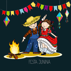 Boy and Girl dancing by the fire in the night. Brazilian june Festa Junina party, celebration greeting or invitation card. Hand drawn vector illustration