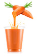 Pure carrot juice pouring out from fruit in plastic cup