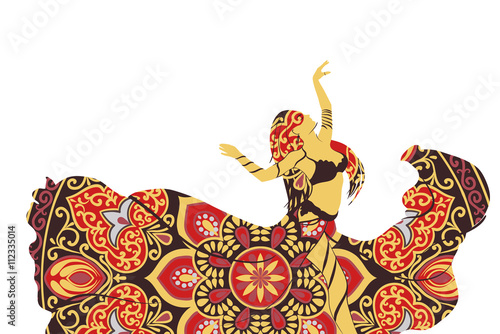 Fotomural Drawing of a silhouette of a dancing woman in wind-shaken pleated skirt with ethnic round ornament and bodice on a white background