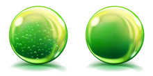 Two Big Green Glass Spheres With Air Bubbles And Without, And With Glares And Shadows. Transparency Only In Vector File