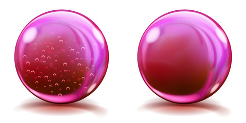 Poster - two big pink glass spheres with air bubbles and without, and with glares and shadows. transparency o