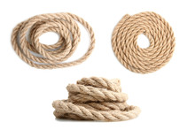 A Collage Of Strong Rope Wound On A White Isolated Background