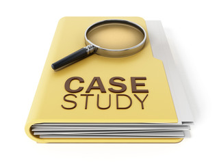 Case study text under magnifying glass. 3D illustration.