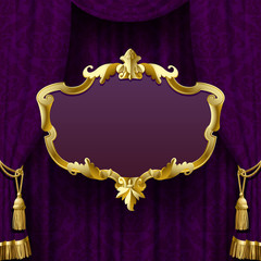Poster - Dark violet curtain with suspended gold decorative baroque frame
