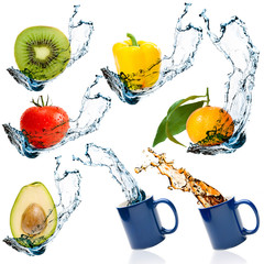 Wall Mural - Set of fruits and vegetables with water splash isolated on white background