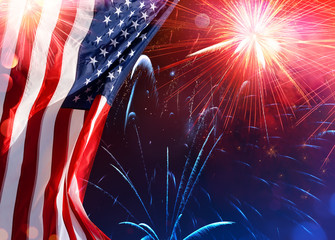 Fototapete - American Celebration - Usa Flag With Fireworks
