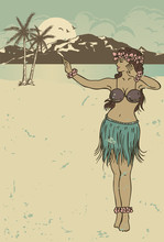 Vintage Hula Girl Dancing On The Beach
