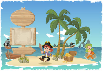 Wall Mural - Wooden sign on a beautiful tropical island with cartoon pirate boy.
