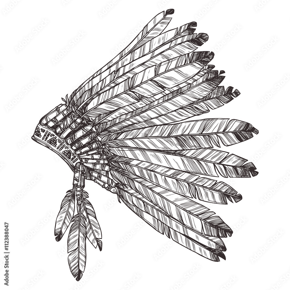 Hand Drawn Native American Indian Headdress In Profile. Vector ...