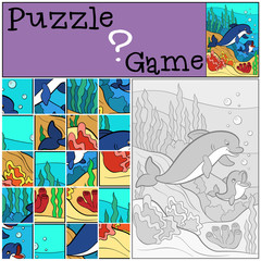 Naklejka na meble Education games for kids. Puzzle. Mother dolphin swims underwate with her little cute baby dolphin.