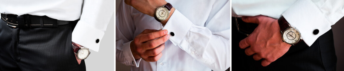 Male hands on a background of a white shirt, sleeve shirt with cufflinks and watches, photographed close-up