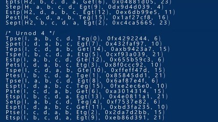 A 4K animation of source code scrolling down (scrambled text from public domain). White characters on blue background. Use it as is or as a texture / abstract, map it, overlay it, etc.