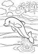 Coloring pages. Marine wild animals. Little cute dolphin jumps out of the water and smiles.